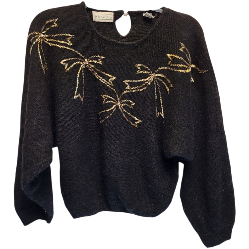 Vintage Shenanigans Elegant Black Silk & Angora Sweater w/Gold Bow Design-Size L